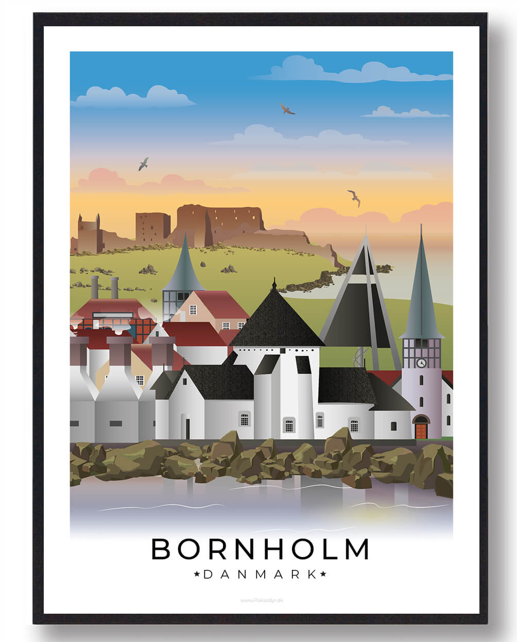 Bornholm byplakat med hvid kant