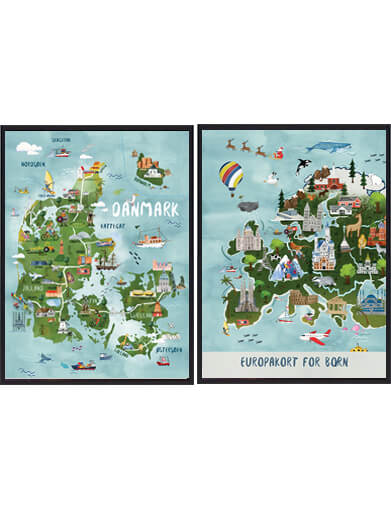 Danmark + Europa - håndtegnede plakat
