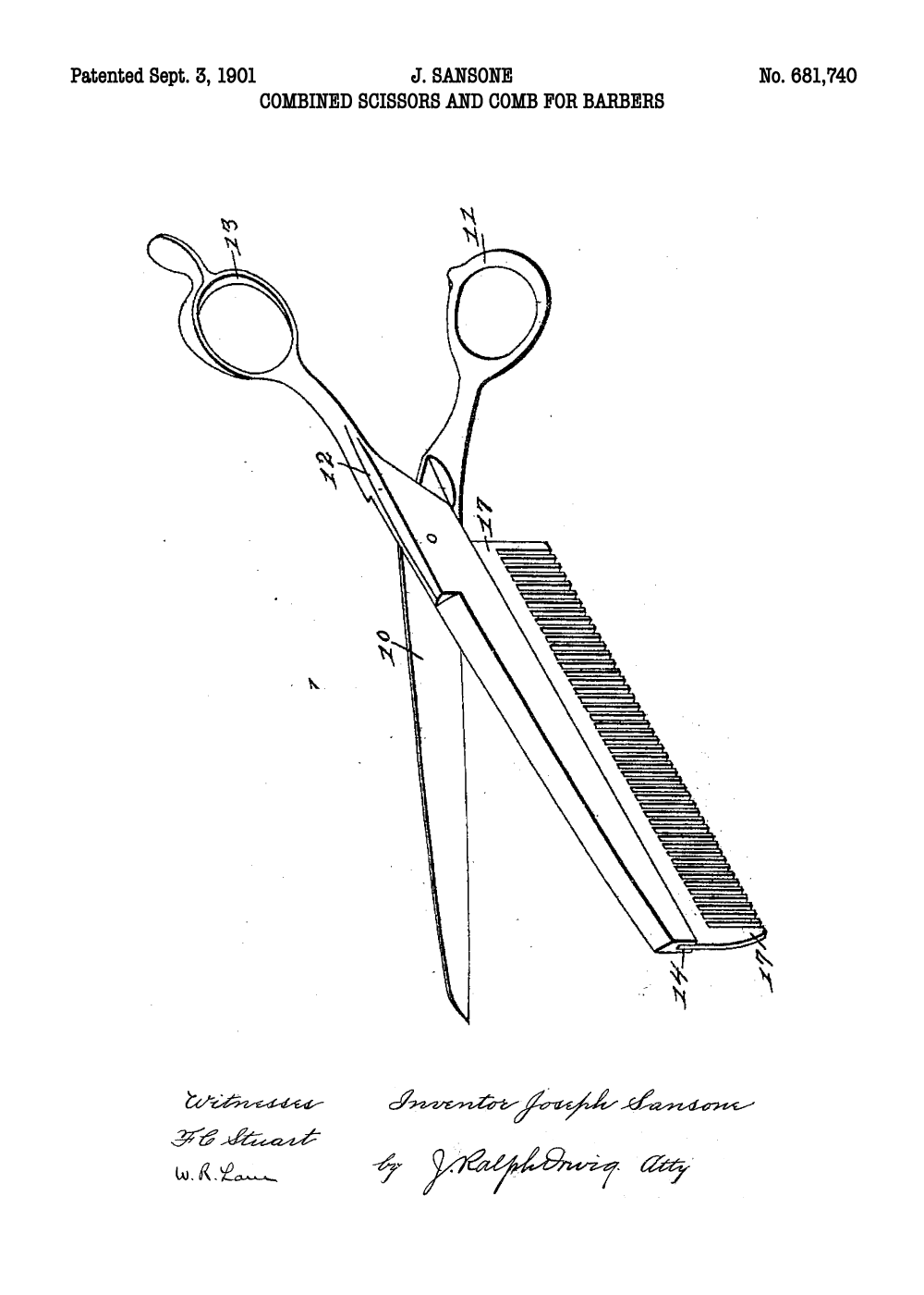 Kombineret kam og saks plakat - Original patent tegning